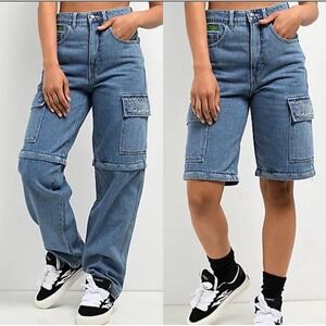 Empyre Relax Jeans Women 16 Blue Denim Cargo Loose Fit Graffiti Convertible NWT*